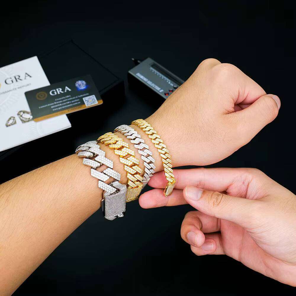 VVS1 Cubic Zirconia Cuban Chain Bracelet, with 10mm Two Rows Pass Tester Iced Out Hip-Hop Style