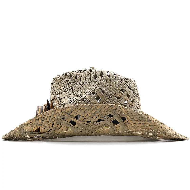 Spring Summer Hand-Knitted Rolled Brim Malangrass Straw Hat Women Men Hollow Ethnic Style Cowboy Hat Outdoor Sun Protection Hat 250526