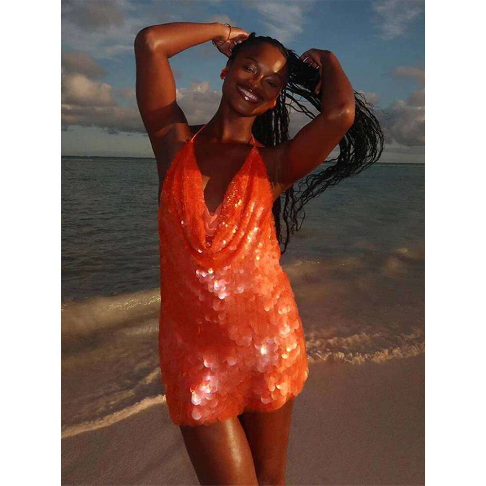 Sequins Glitter Halter Mini Dress Women Backless Sleeveless Evening Party Holiday High Waist Sexy Dresses 2025 New Fashion Night