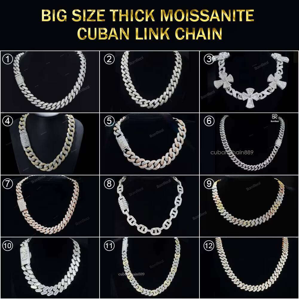 Custom Vvs Baguette Moissanite Pass Dia Test Iced Out Hip Hop Sier Necklace Cuban Chain Fine Jewelry Men 16mm 18mm 20mm