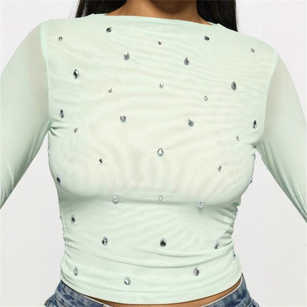 Summer new women's casual printed slim fit semi transparent hollow long sleeved T-shirt