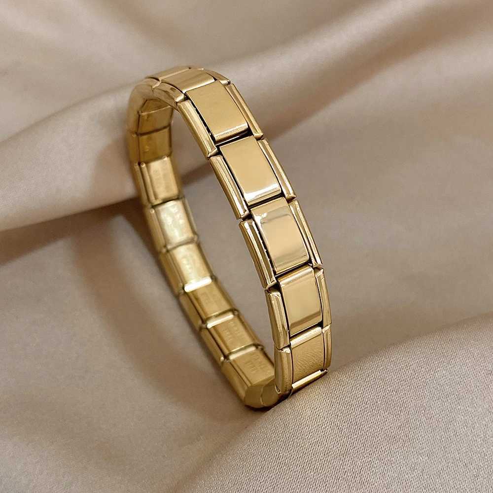 Gold Color Square Tightness Elastic Stainless Steel Bracelet Bangle for Women New Vintage Waterproof Jewelry Gifts Accessories W250526