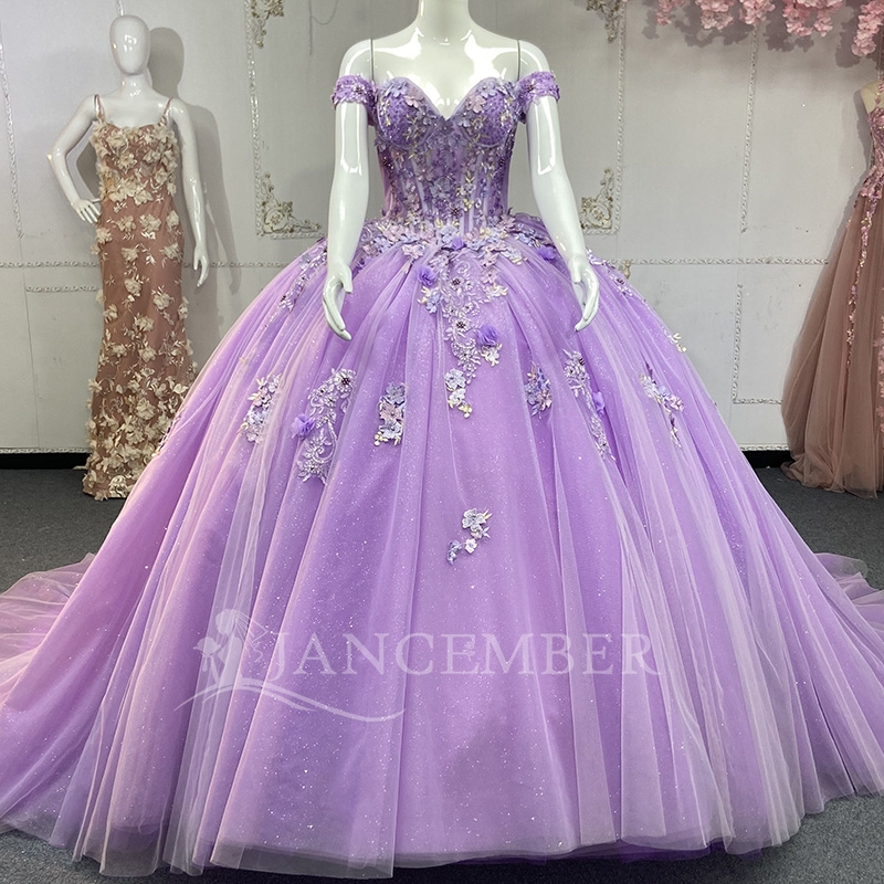 Light Lilac Quinceanera Dresses Ball Gown Off The Shoulder Applique Flowe Beading Tull Party Birthday Sweet 16 Dress Vestidos 15 Anos