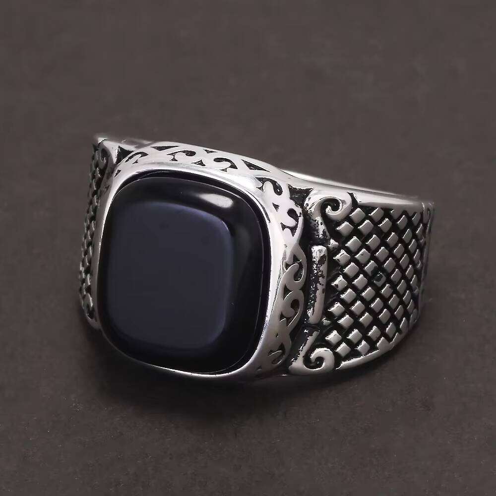 Sterling Sier Black Onyx Stone Signet Ring for Men Vintage Retro Pattern Turkish Pinky Rings Punk Rock Trendy Jewelry