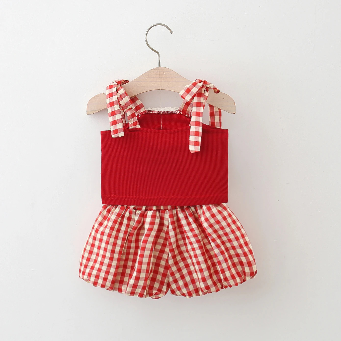 Baby Girl Suit Summer Cherry Plaid Camisole Top Shorts Girls Sweet Beachwear 250527