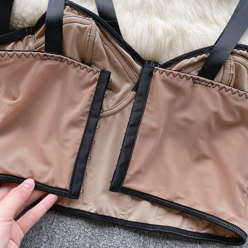 HELIAR Women Summer Lace Up Straps Crop Tops Mesh Patchwork Stripe Sexy Tank Top Beach Camis Streetwear Tube Tops Spring 250523