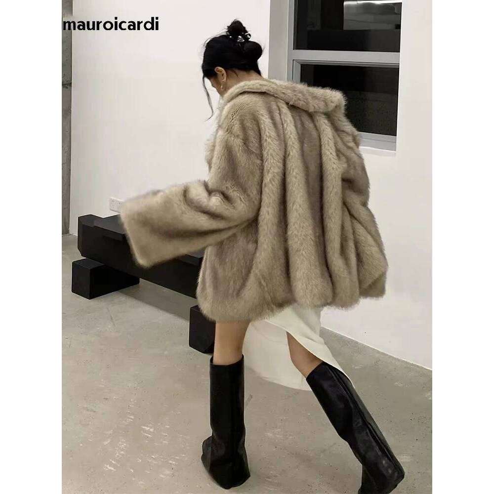 Mauroicardi Spring Winter Loose Casual Thick Warm Soft Hairy Shaggy Faux Fur Coat Women Fluffy Jacket Furry Cardigan 2025