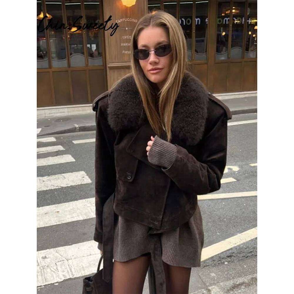 Faux Fur Patchwork Women Coat Slim Full Sleeve Lace Up Female Short Jacket 2024 Autumn Vintage Lapel Lady Overcoat