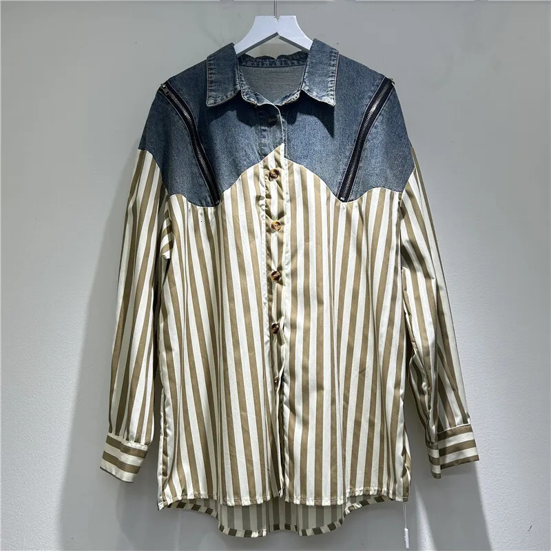 WTHT Womens Patchwork Denim Striped Shirt Winter Trendy Double Zipper n Long Sleeves Blouse Female 1LS638 250523