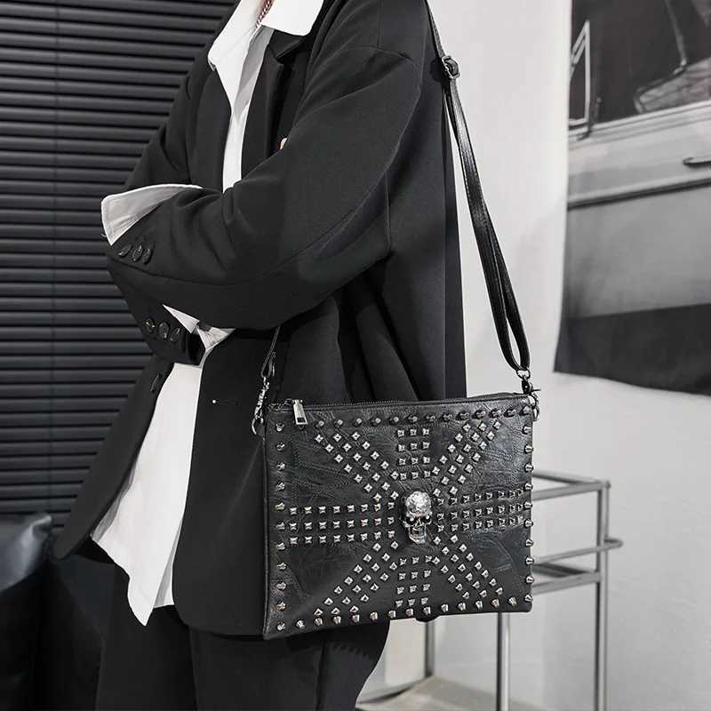Fashion Skull Rivet Clutch Men Shoulder Bag Soft PU Leather Mens Clutches Handbags Wrist Bag Wallet A4 File Envelope Hand Bag W250527