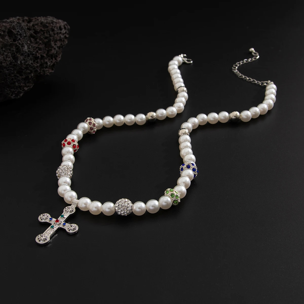 Ingemark Punk Big Cross Jesus Pendant Choker Necklace Men Vintage Pearl Crystal Chain Grunge Jewelry Steampunk Male 250522