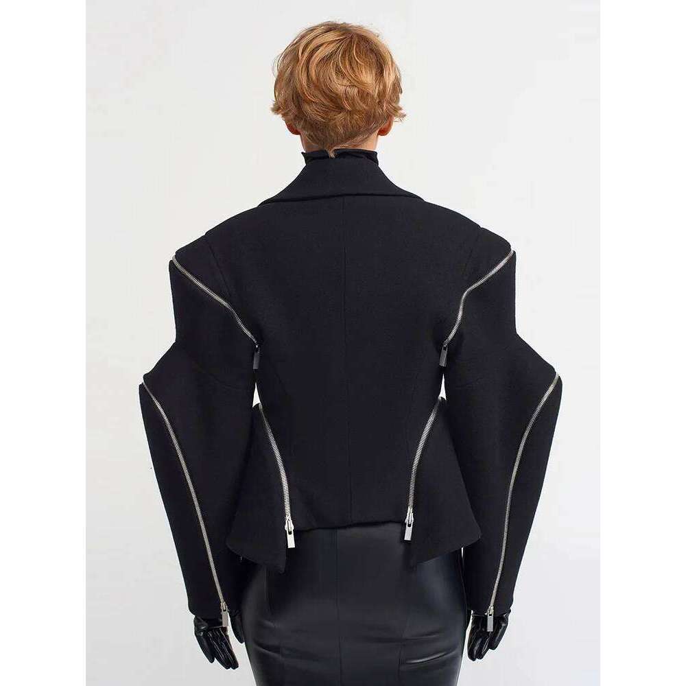 TWOTWINSTYLE Solid Patchwork Zipper Casual Jackets For Women V Neck Long Sleeve Spliced Button Temperament Coat Female Fashion