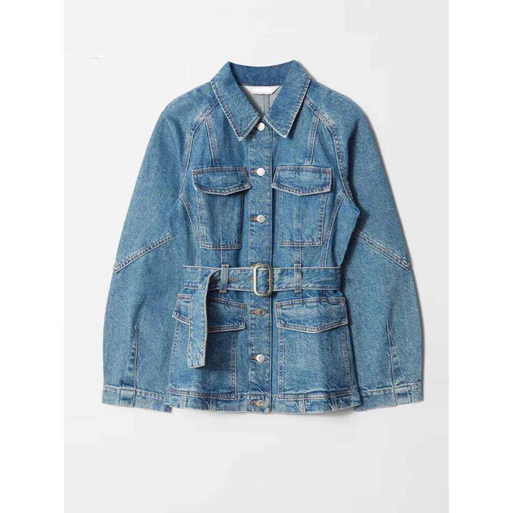Denim Belts Fashion Jacket Women Single Breasted Turn-Down Collar Long Sleeve Pocket Street Coat 2025 Spring Chic Vintage Tops