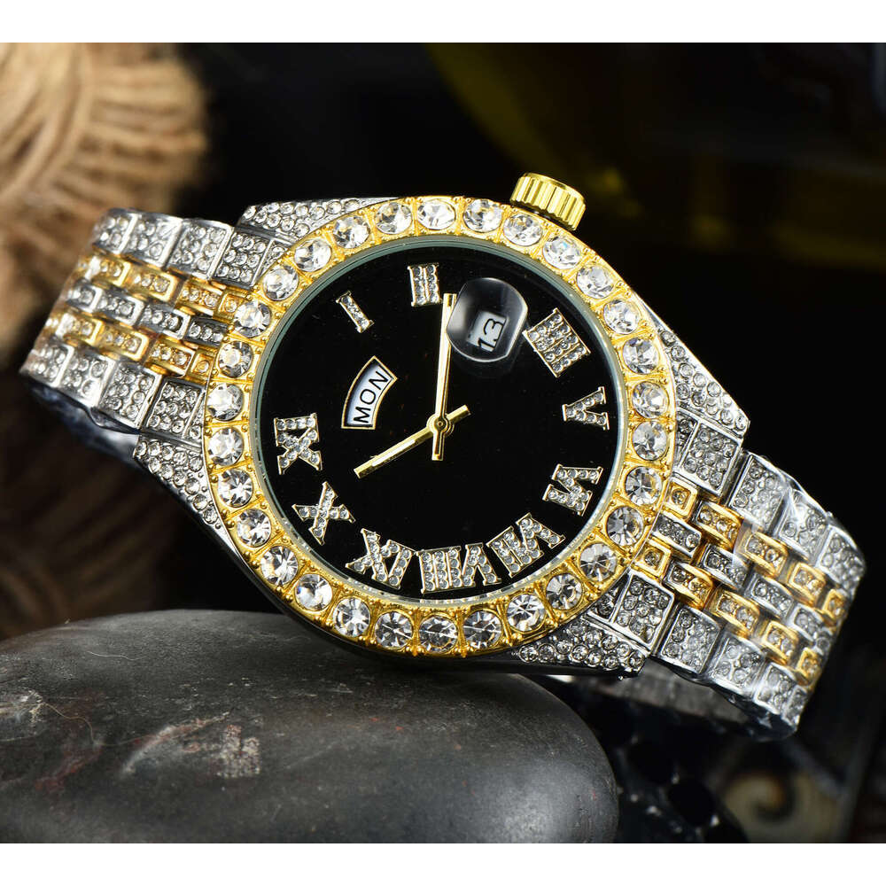 New Men's with Full Diamond Decoration, High Brand Name, Smart Dual Calendar, Waterproof Quartz Watch