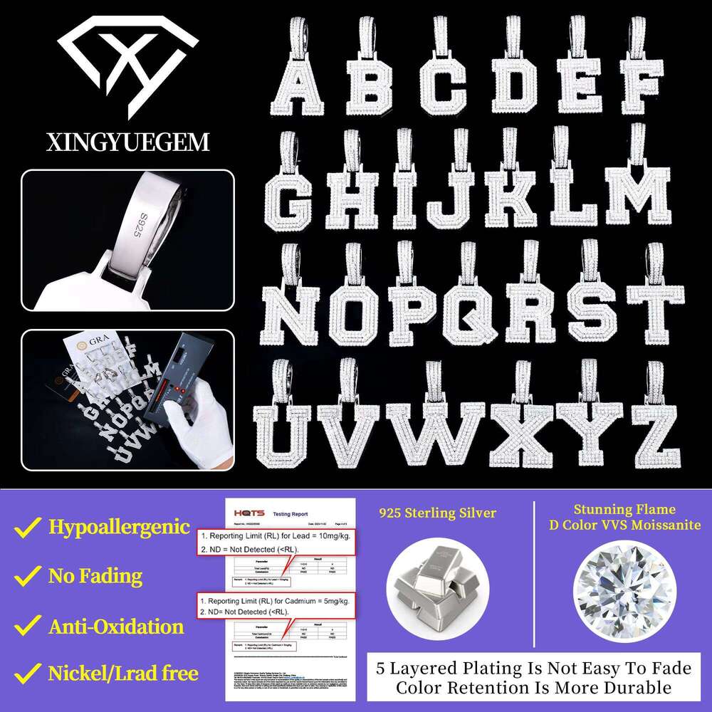 Wholesale Hip Hop Style Jewelry Iced Out Sterling Sier VVS Mossanite Moissanite A-Z Initial Letter Pendant for Men Chain