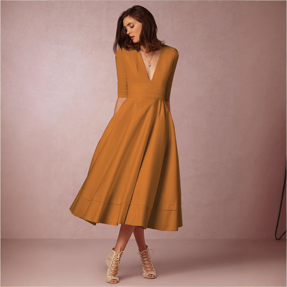 Spring and summer new sexy deep V-sleeve dress mid length dress