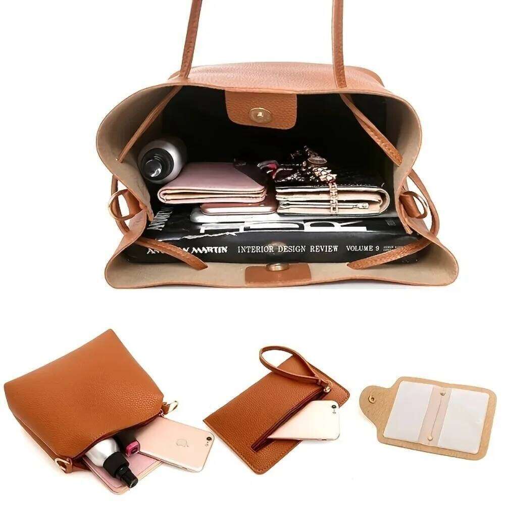 4 Piece Set Large Capacity Leather Pure Colour Lychee Texture Shoulder Bucket Bag Wallet Handbag