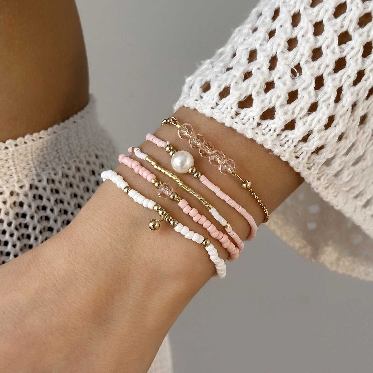 Bohemian Pearl Rice Beaded Bracelet Set for Women Multi-Layer Stacked Link Chain Bangle Party Daily Fashion Jewelry Gifts W250526