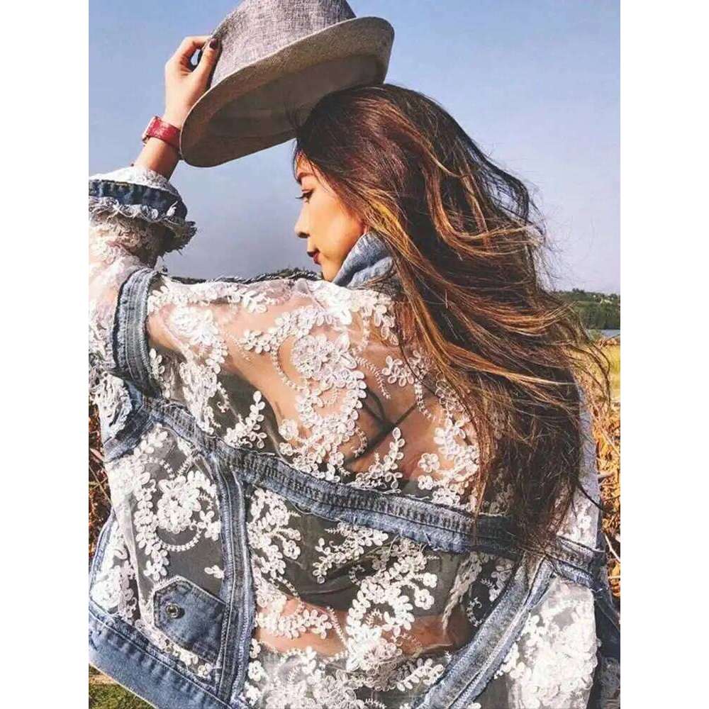 XFPV Women Sweet 3D Flower Embroidered Lace Spliced Loose Short Denim Sunscreen Coat Y2k Korean Fashion Tide Summer 2025 Sm11222