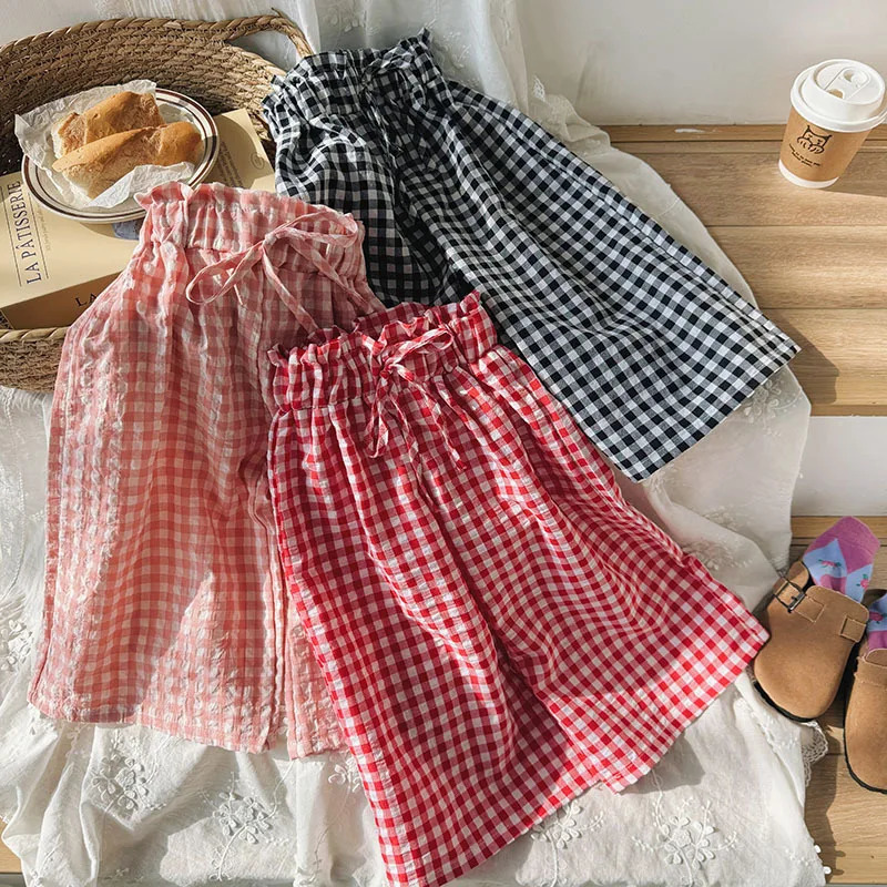 Childrens Summer Straight Pants Plaid WideLegged NineMinute Girls Fine Bud Waist Dress Casual 250527