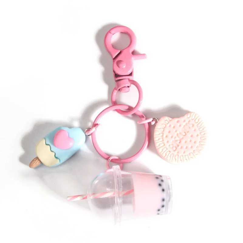 Cute Keychains Ice-cream Bubble Tea Biscuit Pink Key Rings Friendship For Best Friend Women Girl Handbag Gift Jewelry W250526