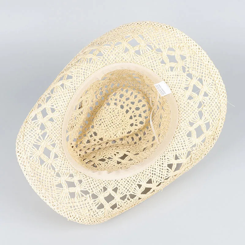 Western Cowboy Hats for Women Men Classic Vintage Hollow Out Unisex Curled Wide Brim Sun Hat Fishing Hat Climbing Straw Cap 250526