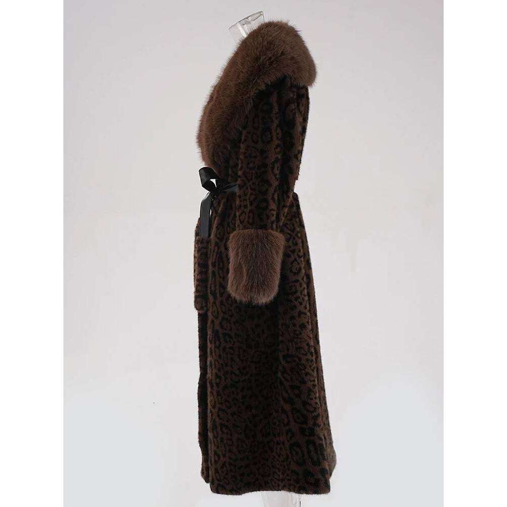 DEAT Fashion Imitation Mink Coat Women's Fur Collar Loose Covered Buckle Leopard Plush Overcoat Winter 2024 New