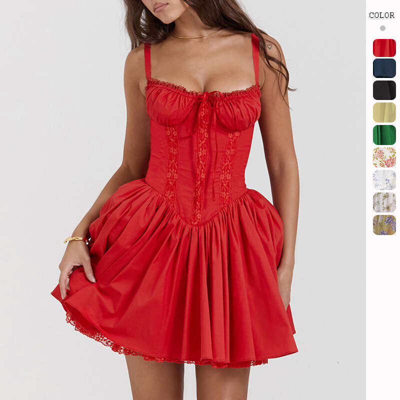 2025 Spring Summer New Sexy Women's Lace Patchwork Waist-Cinching Strap Dress