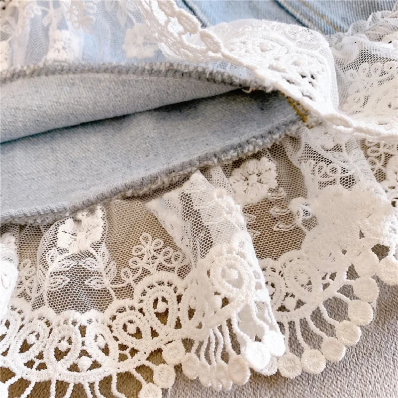 312 year old girls short skirt summer loose denim half solid color sweet lace patchwork skirt 250527