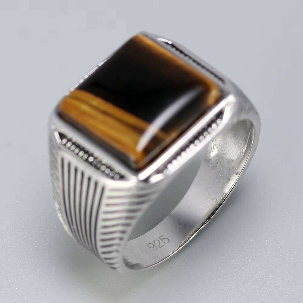 New Arrival Sterling Sier Man Ring Tiger Eyes Fine Stripe Pattern Natural Stone Cool Retro Punk Custom Jewelry