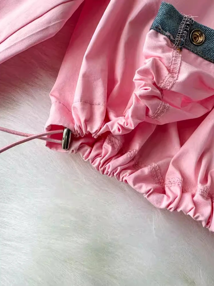 2025 Spring Blouse Lantern Sleeve Denim Patchwork Ruffles Draw String Shirts Fashion n All Match Elegant Women Clothing 250523