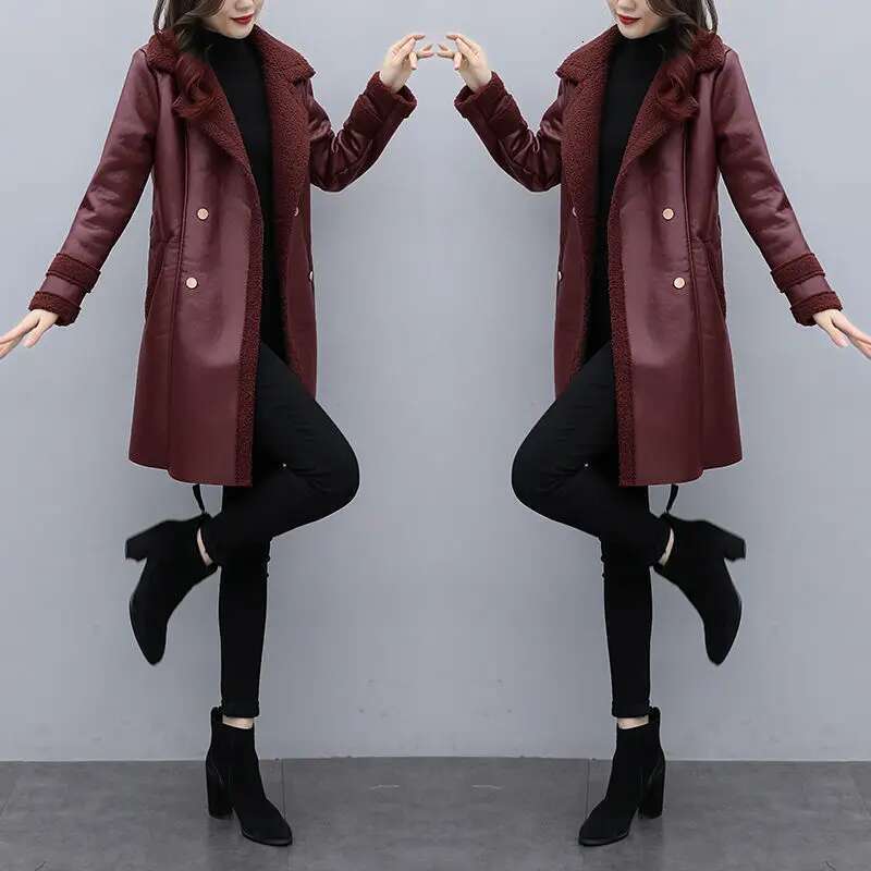 2025 Autumn Winter Jacket New Women's Fur One PU Leather Coats Loose Ladies Outwear With Thicker Overcoat Female Tops