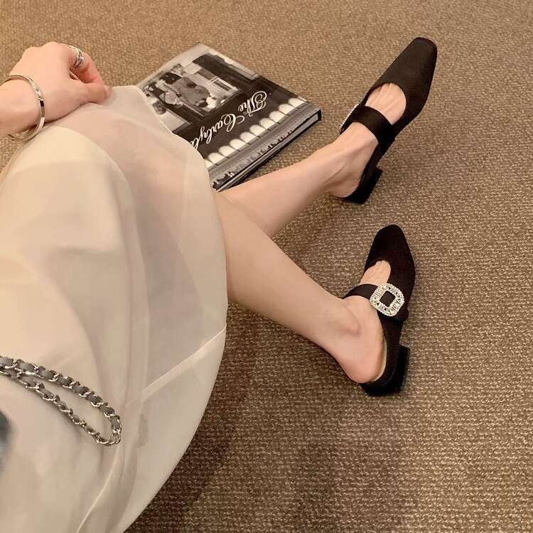 Grape Mom Summer New Style Sparkling Rhinestone Buckle Small Square Toe Wide Strap Commuter Versatile Low Heel Elegant Half Mules for Women