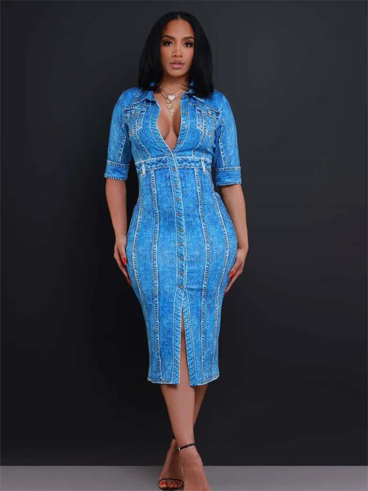 Women Denim Dress Solid Summer New Single Breasted Casual Loose Simple Retro Female Office Shirt Dresses