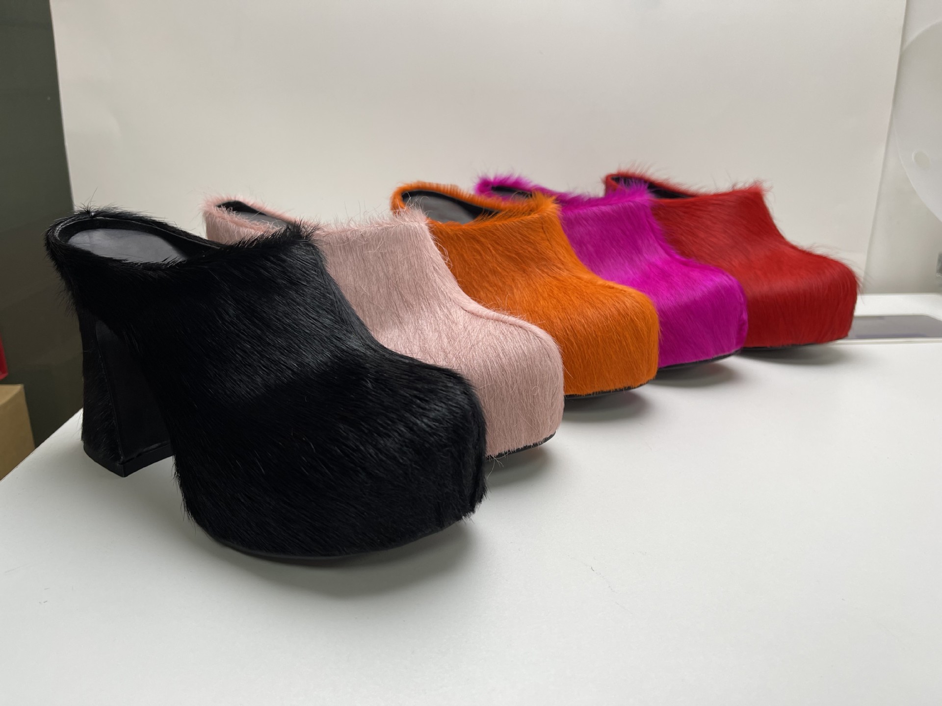 Rose Red Round Toe Horse Hair Hoof Heel Slippers Thick Bottom High Heel Platform Trendy Women's Shoes Spring Mules Large Size