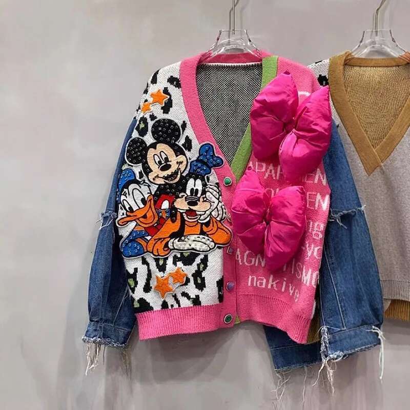 Unique Design Denim Splicing Knitted Cardigan Women's Autumn Winter Loose Contrasting Color Leopard Print V-Neck Sweater Jacket