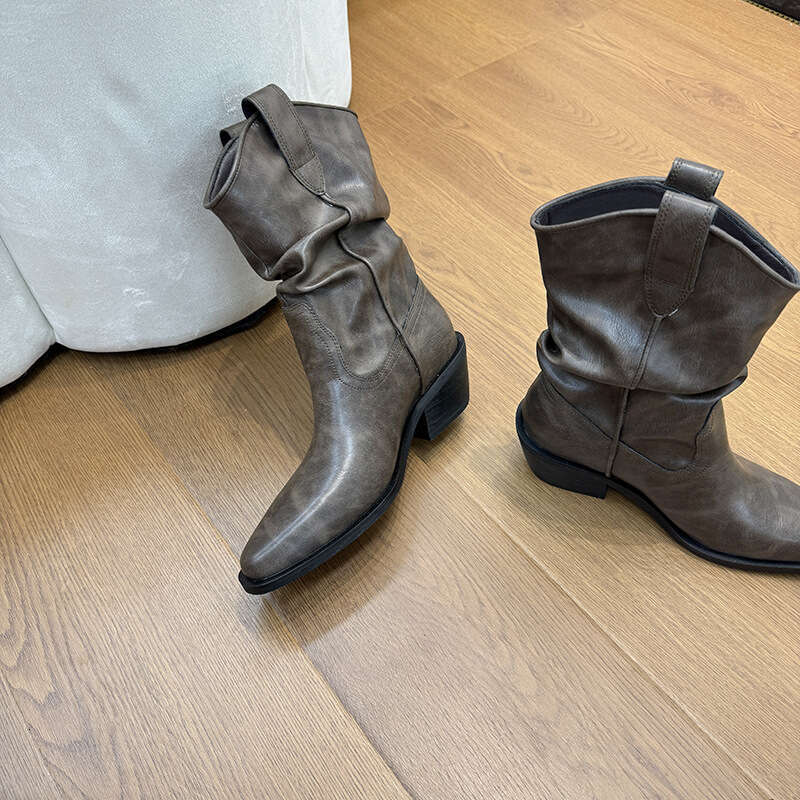 Genuine Leather ~ Sun Qianlu Silk Same Style Melard Short Slouch Women Autumn Winter Diary Western V-Cut Riding Boots