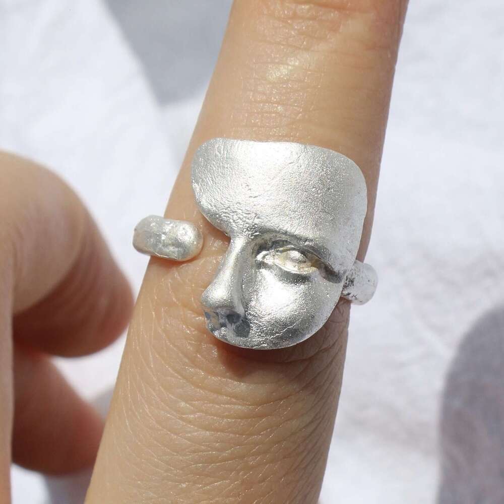 Burnt White Texture Silver Handmade Open Versatile Personality Mask Ring Matte Niche High-end Jewelry