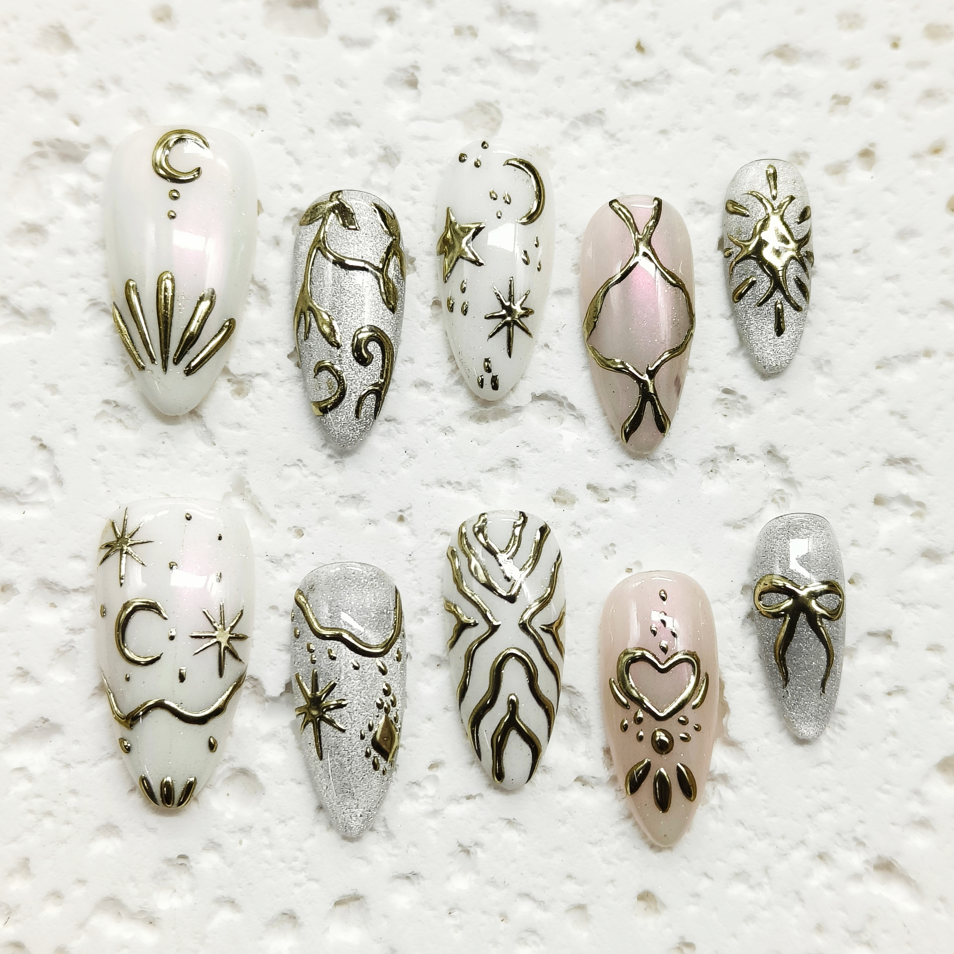 10pcs Handmade Press-on nails Medium Almond Nails 3D Stars Moon Hand drawn Fake nails Bundle Finished nail stickers Reusable Removable