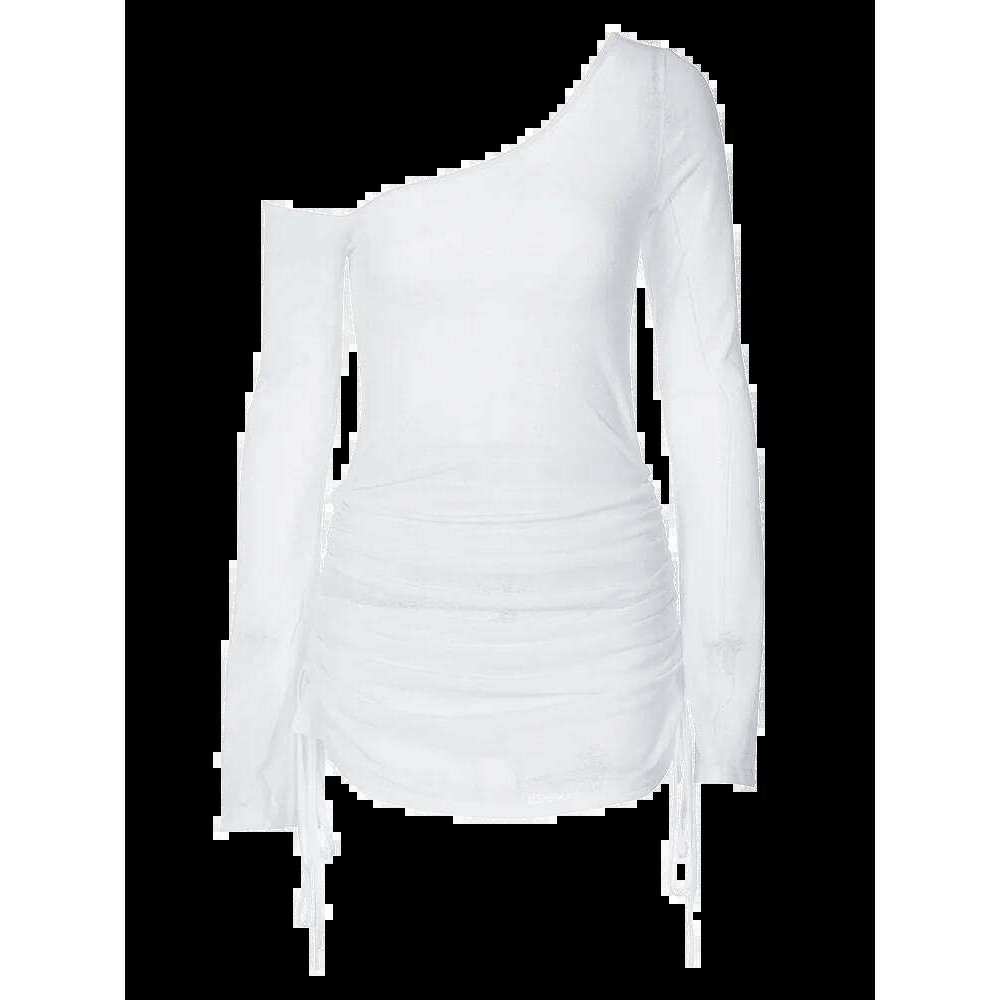 Hot Tight Dresses Dulzura Solid Skew Collar Ruched Straps Lace Up See Through Draw String Mini Dress Summer Women Party Clubwear Wholesale Casual Knee