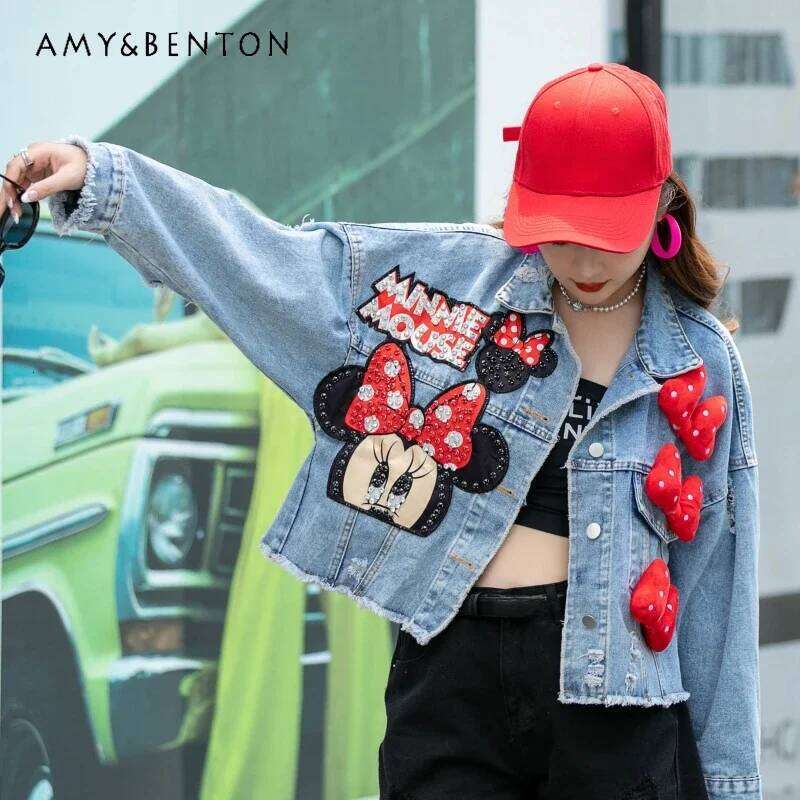 2024 Jeans Overcoat Oversized Younger Coat Women's Spring Autumn New Long Sleeves Fashion Design Heavy Industry Denim Top Jacket