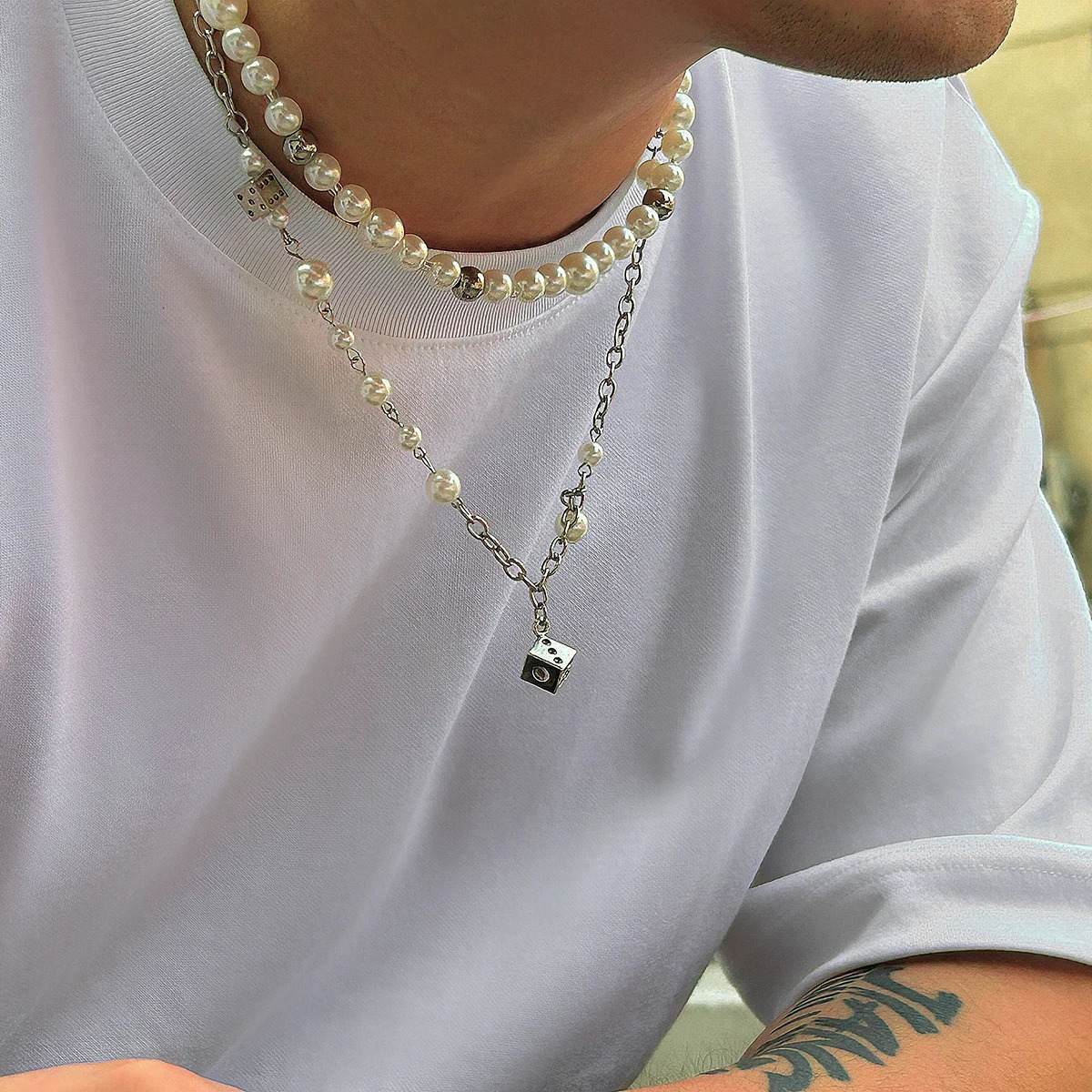 Salircon Steampunk Metal Dice Pendant Short Necklace Mens Gothic Pearl Chain Clavicle Necklace Aesthetic Neck Jewelry 250522
