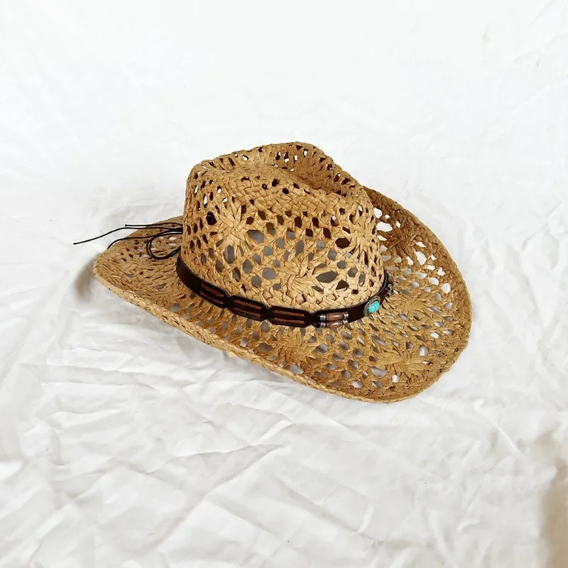 Summer Womens Mens Ethnic Style Western Cowboy Straw Hat Punk Style Handmade Hollow Sun Hat Rolled Edge Sunscreen Beach Cap 250526