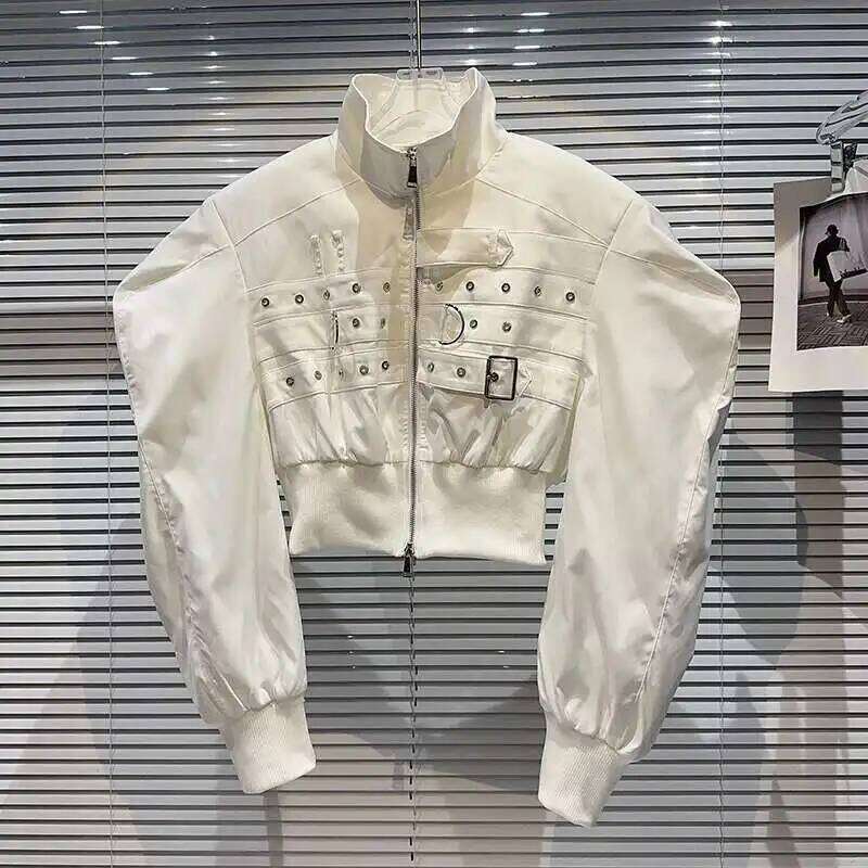 DEAT 2024 Autumn New Items Fashion Women's Strap Design Cargo Jacket High Street Shoulder Pad Stand Collar Short Coat 11A01002