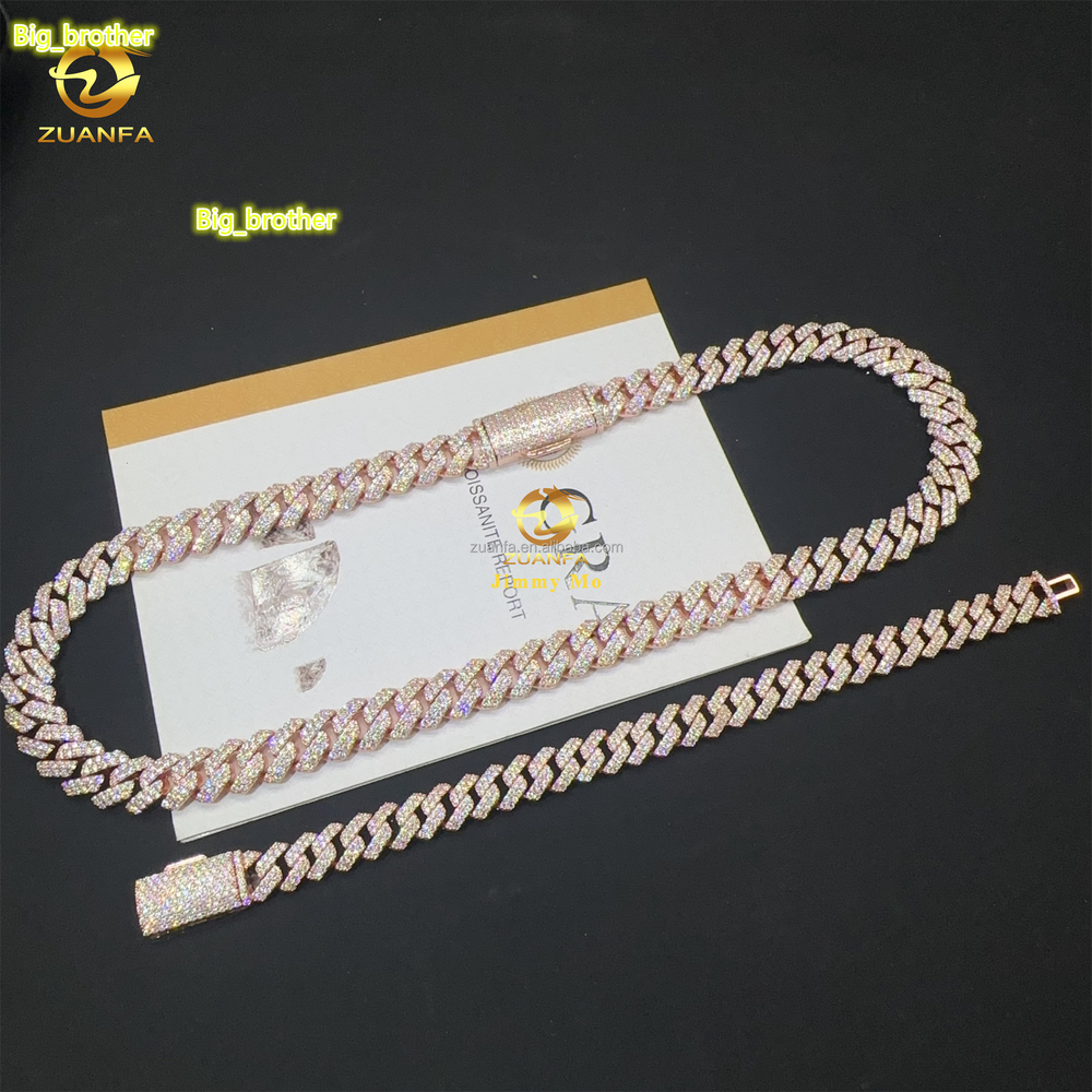 Customized Rose Gold Plated Box 925 Solid Silver 12mm Two Rows Iced Out Hip Hop VVS1 Moissanite Miami Cuban Link Chain