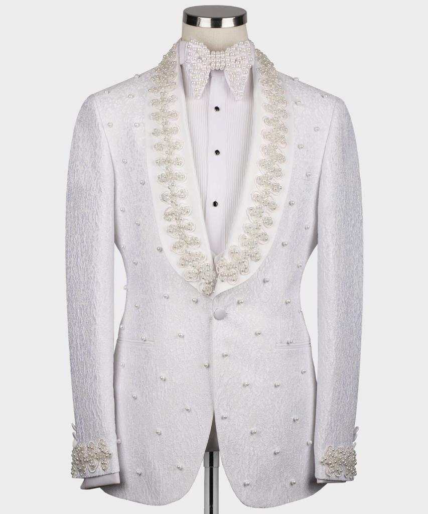 White Luxury Wedding Tuxedos Single Button Shawl Lapel Men Suit Two Pieces Set Jacket Pants Groom Business Blazers Customized Para Hombre Formal Occas