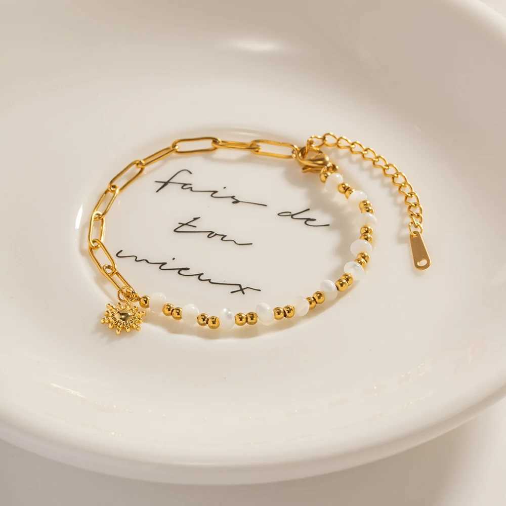 Simple Trendy Stainless Steel Sun Pendant Bracelet For Women Paperclip Chain Stitching Beads Waterproof Jewelry Vacation Gift W250526