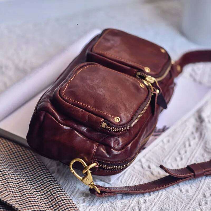 Vintage Natural Genuine Leather Women's Multi-Pocket Crossbody Casual Outdoor Real Cowhide Female Shoulder Bag