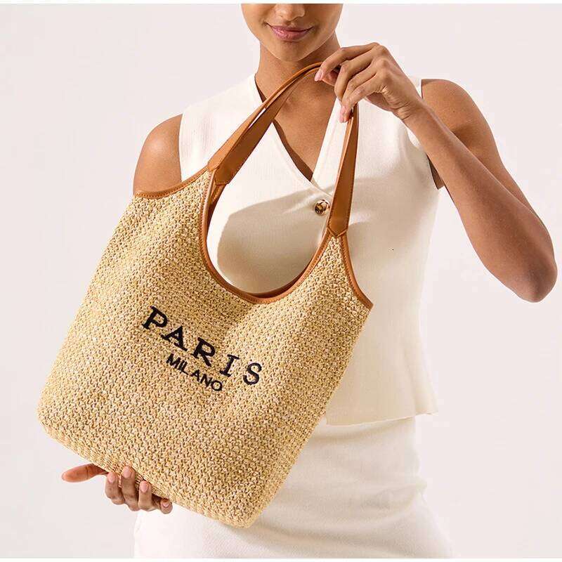Women's Bags Designer Brand Mother-And-Child Beach High Quality Splicing Letter Printed Shoulder Women Woven Straw Bucket Tote Bag