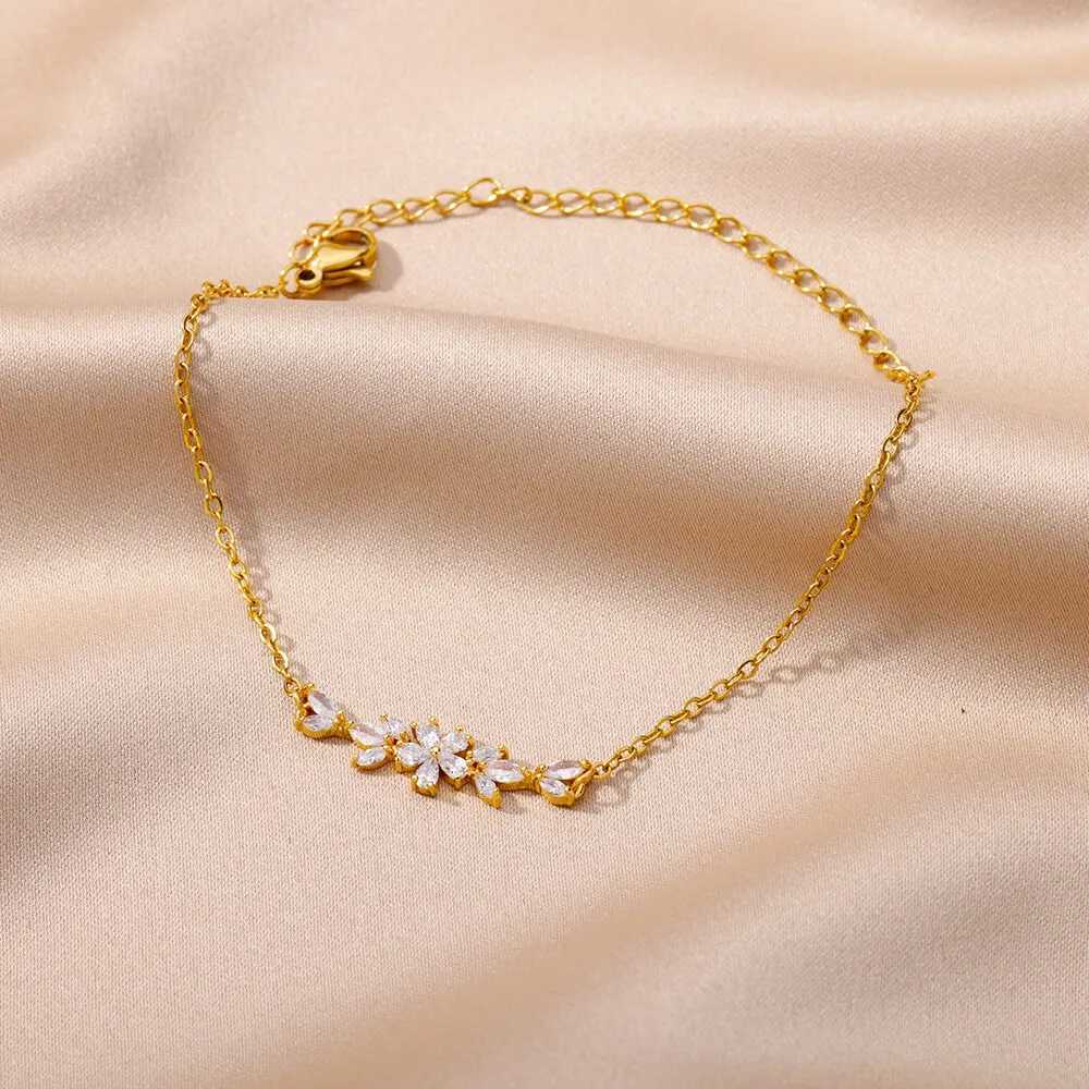 Elegant Zircon Flowers Bracelet For Women Girls Charm Gold Color Stainless Steel Plant Bracelets Luxury Designer Jewelry Gifts W250526